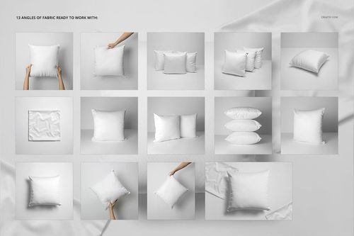 Fabric Factory vol.3 pillow PSD mockup featuring plain white throw pillows arranged in different views and lighting.