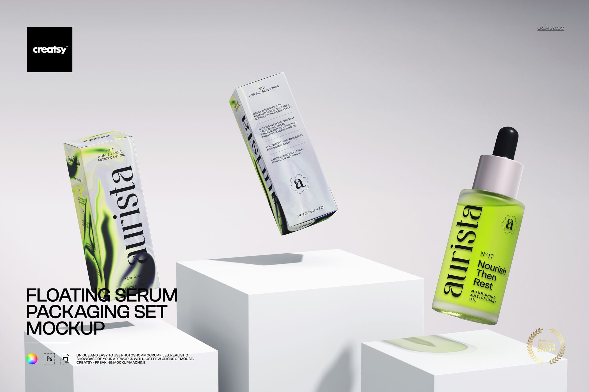 Cosmetic serum PSD mockup featuring a green bottle and box with black accents, displayed on geometric white blocks.
