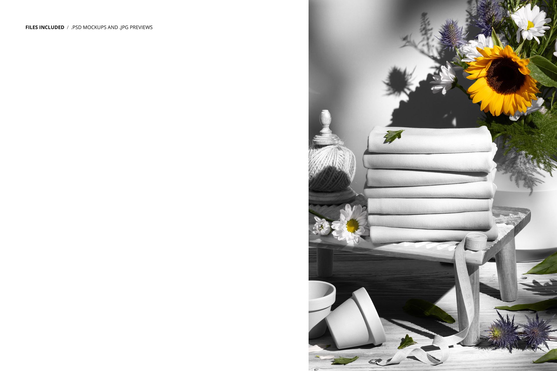 Stack of folded jersey fabrics on a rustic wooden stool with sunflowers and white flowers nearby, front view mockup.