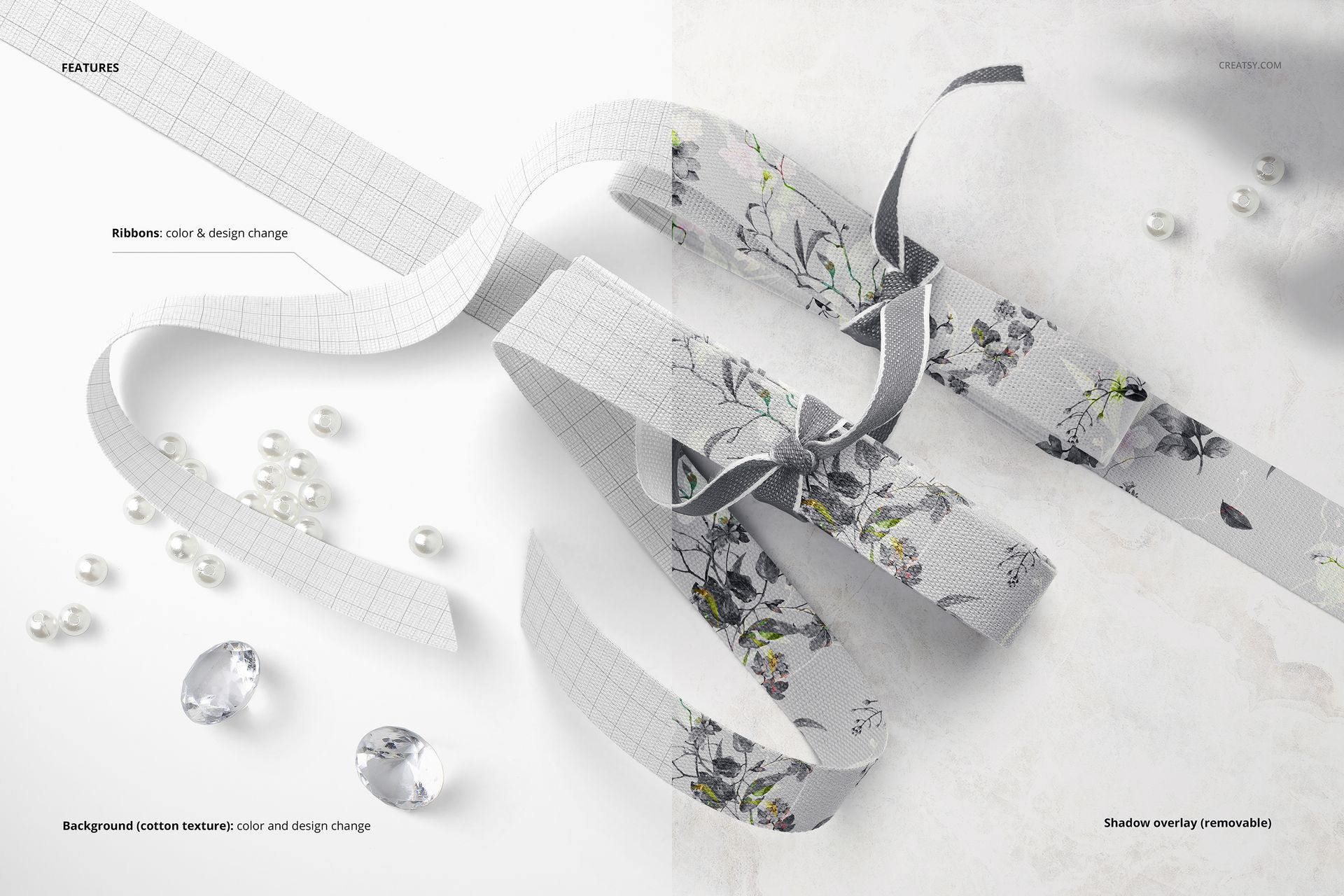 PSD mockup showing two decorative cotton ribbons, one with a grid and one with a floral print, alongside beads and crystals.