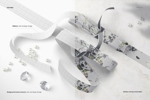 PSD mockup showing two decorative cotton ribbons, one with a grid and one with a floral print, alongside beads and crystals.