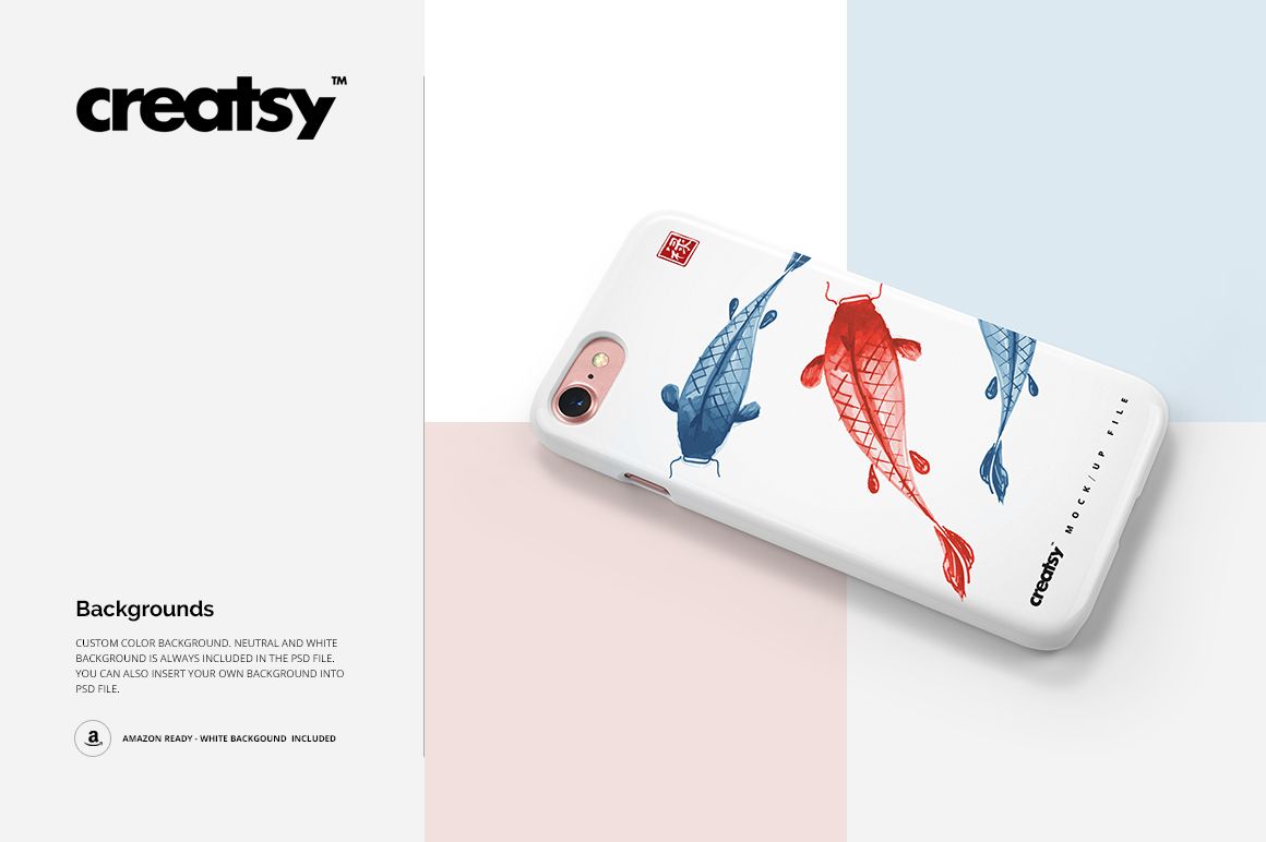 iPhone 7 plastic case with koi fish illustration, displayed at an angle on a pastel color block background in a mockup scene.