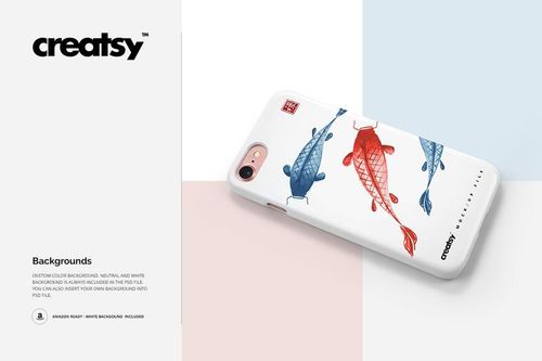 iPhone 7 plastic case with koi fish illustration, displayed at an angle on a pastel color block background in a mockup scene.