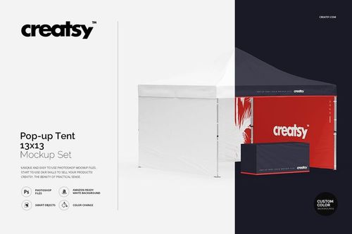 Front view of a pop-up tent mockup with red, white, and blue panels, set against a simple white background.