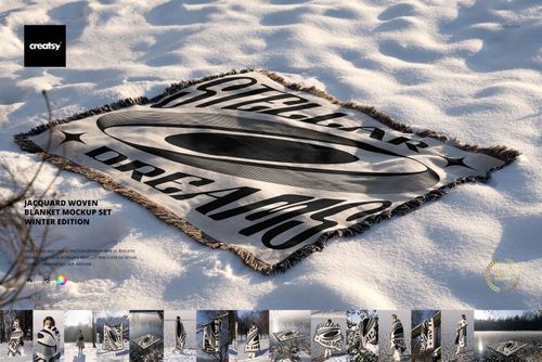 Black and white patterned jacquard blanket mockup laid out on snowy ground, winter landscape, top perspective.
