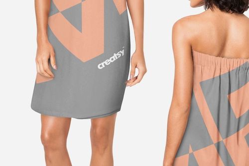 PSD mockup showing two perspectives of a spa wrap, featuring abstract peach shapes on a gray base.