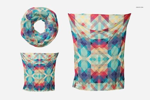 Infinity scarf mockup featuring a colorful geometric pattern, shown in looped and flat views on a light background.