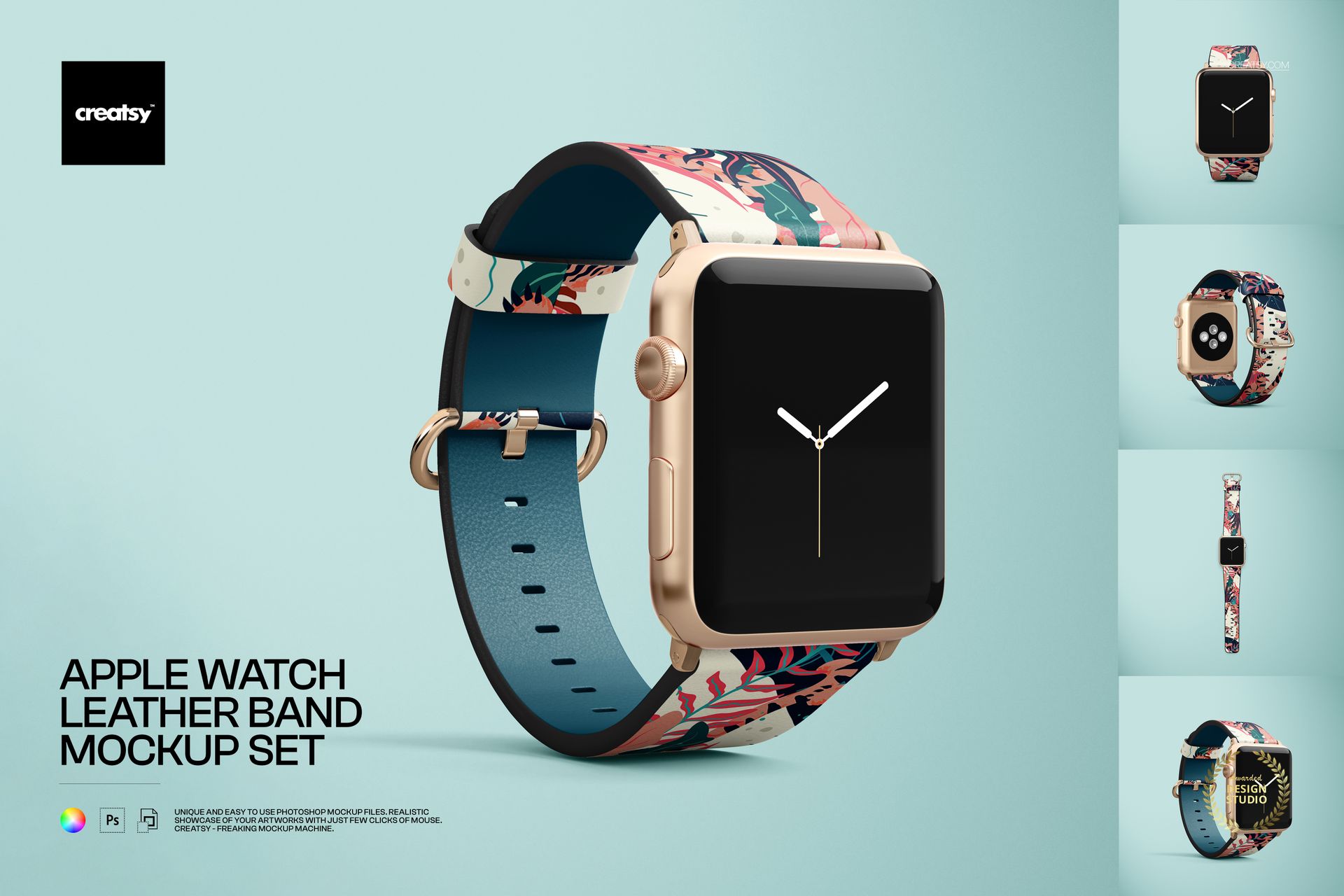 Apple Watch with a floral patterned leather band displayed on a light blue background, shown in a PSD mockup set.