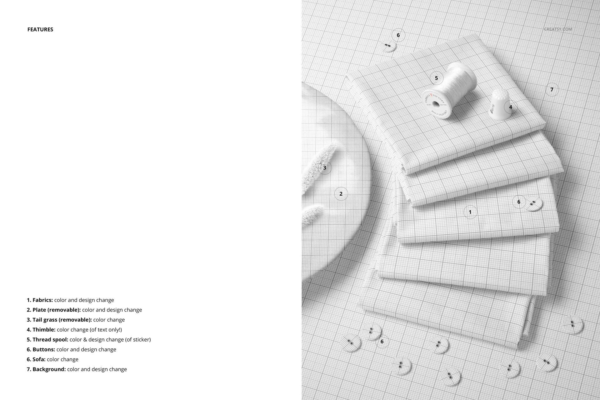 PSD mockup showing a neat pile of grid-patterned fabrics on a flat surface, with sewing accessories arranged nearby.