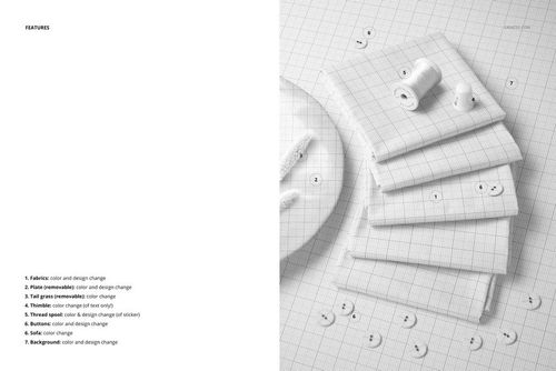 PSD mockup showing a neat pile of grid-patterned fabrics on a flat surface, with sewing accessories arranged nearby.