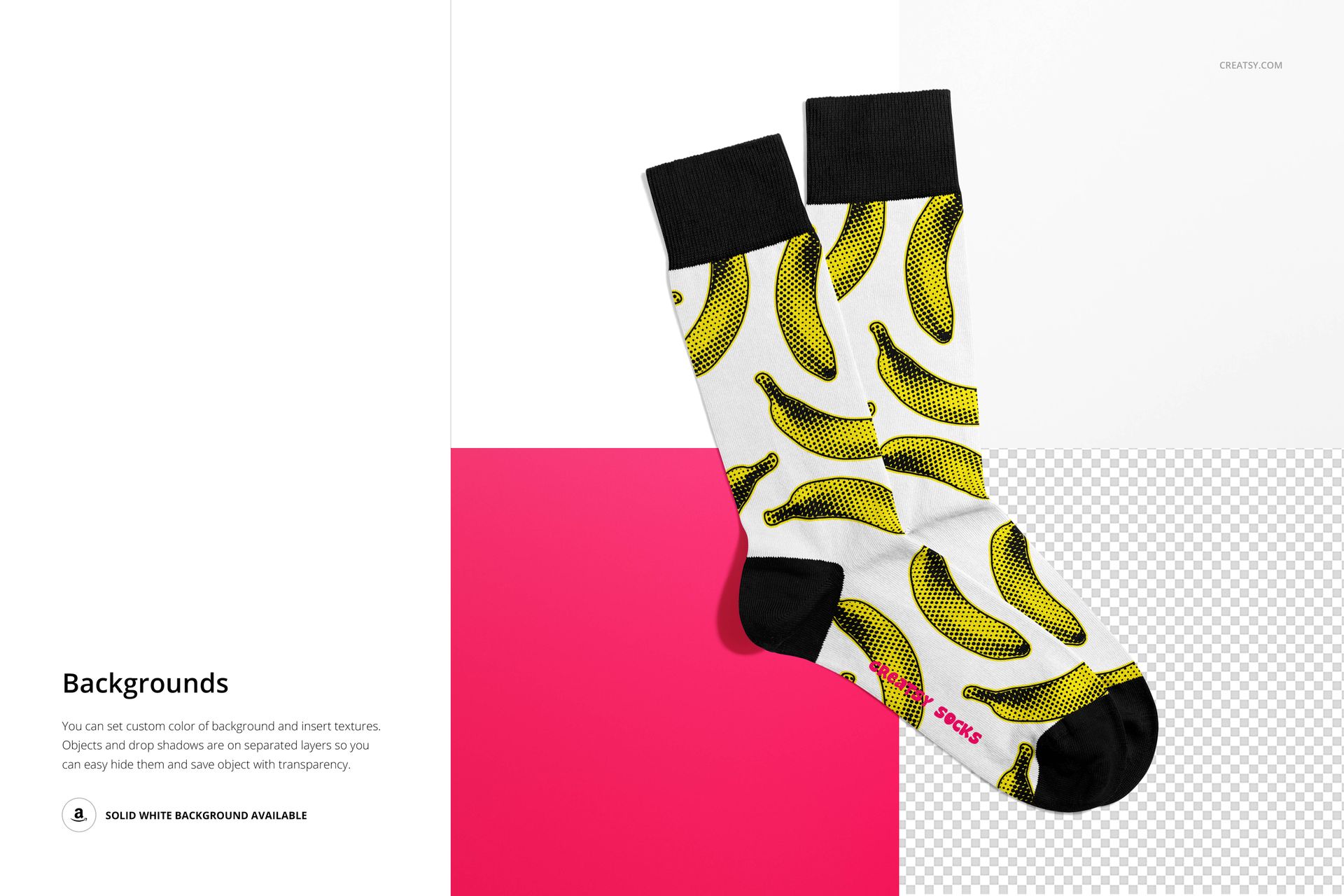 High cuff socks mockup with a banana pattern, displayed on a geometric background with white, pink, and transparent sections.