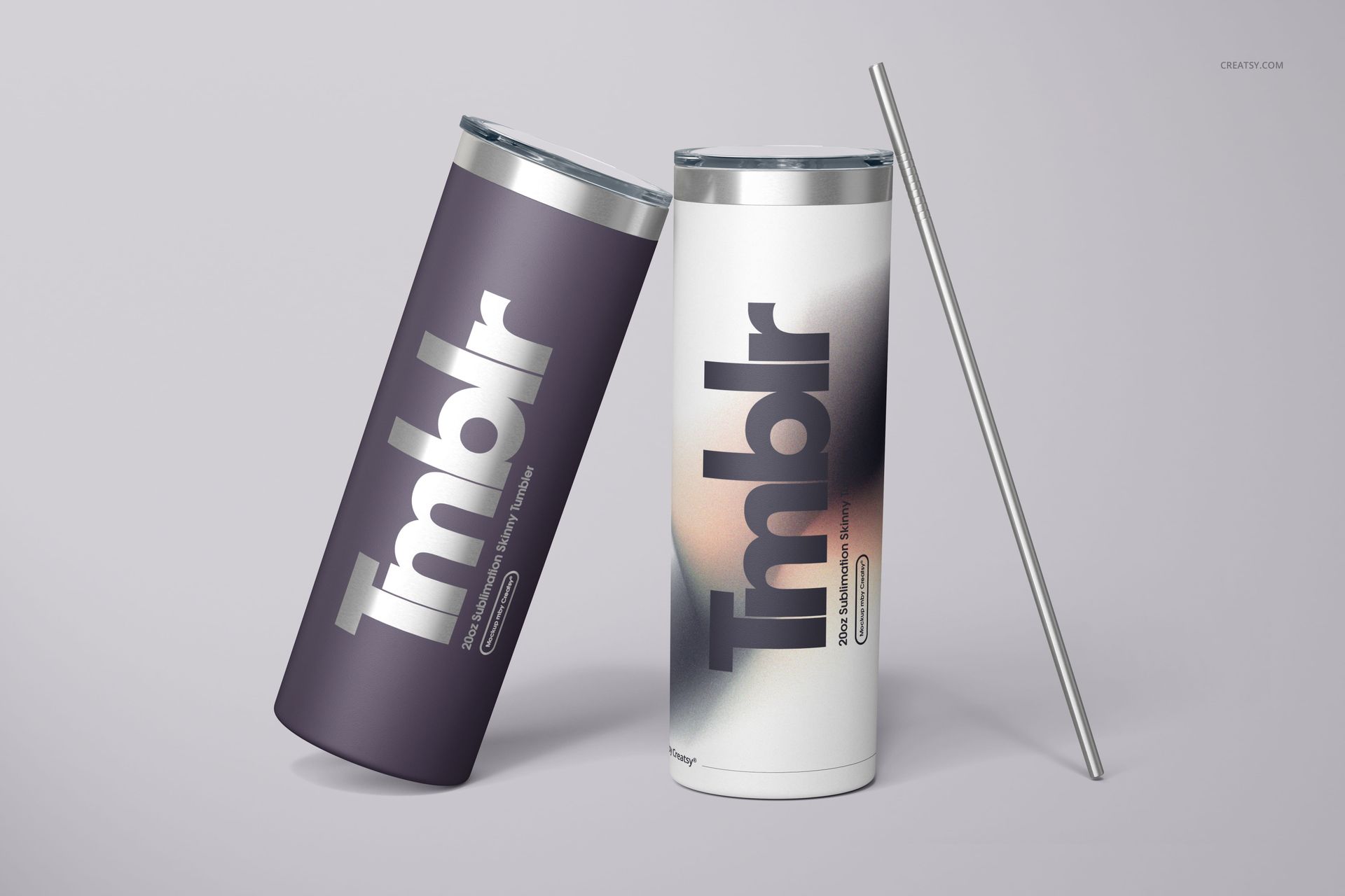 Two powder coated skinny tumblers with stainless steel lids, one upright and one tilted, on a light gray background.