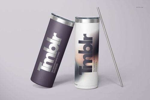 Two powder coated skinny tumblers with stainless steel lids, one upright and one tilted, on a light gray background.