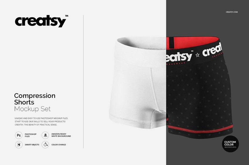 PSD mockup featuring two pairs of compression shorts, one in plain white and one in black with a red waistband and small stars.