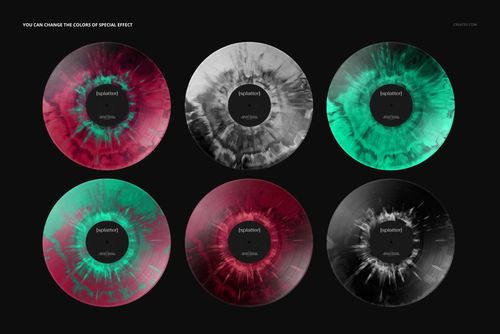 PSD mockup showing a grid of vinyl records with colorful splatter patterns, viewed from above on a black surface.