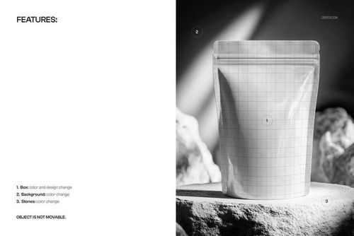 Glossy foil doypack packaging with a grid pattern standing upright on a stone surface, front view mockup.