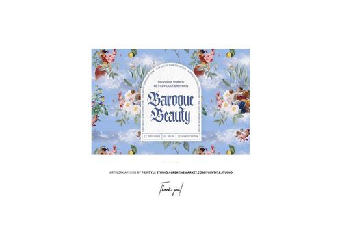 Front view of a napkins mockup featuring a blue background with floral and bird patterns, surrounded by decorative elements.