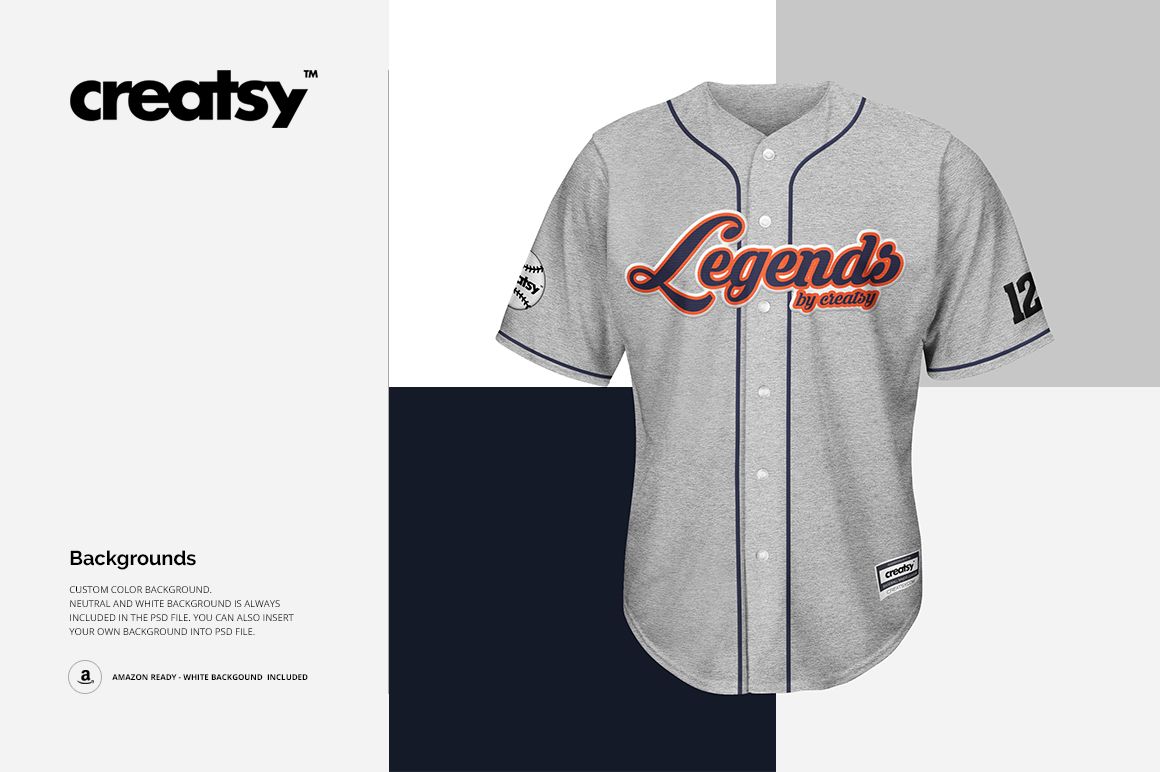 Front view of a gray baseball jersey mockup with navy trim and orange script, set on a geometric background.