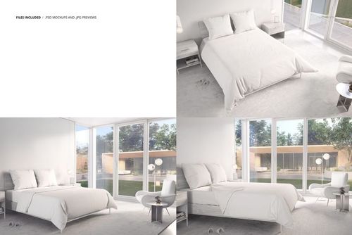 Modern bedroom bedding mockup featuring a white duvet and pillows in a sunlit room with large windows and minimalist decor.