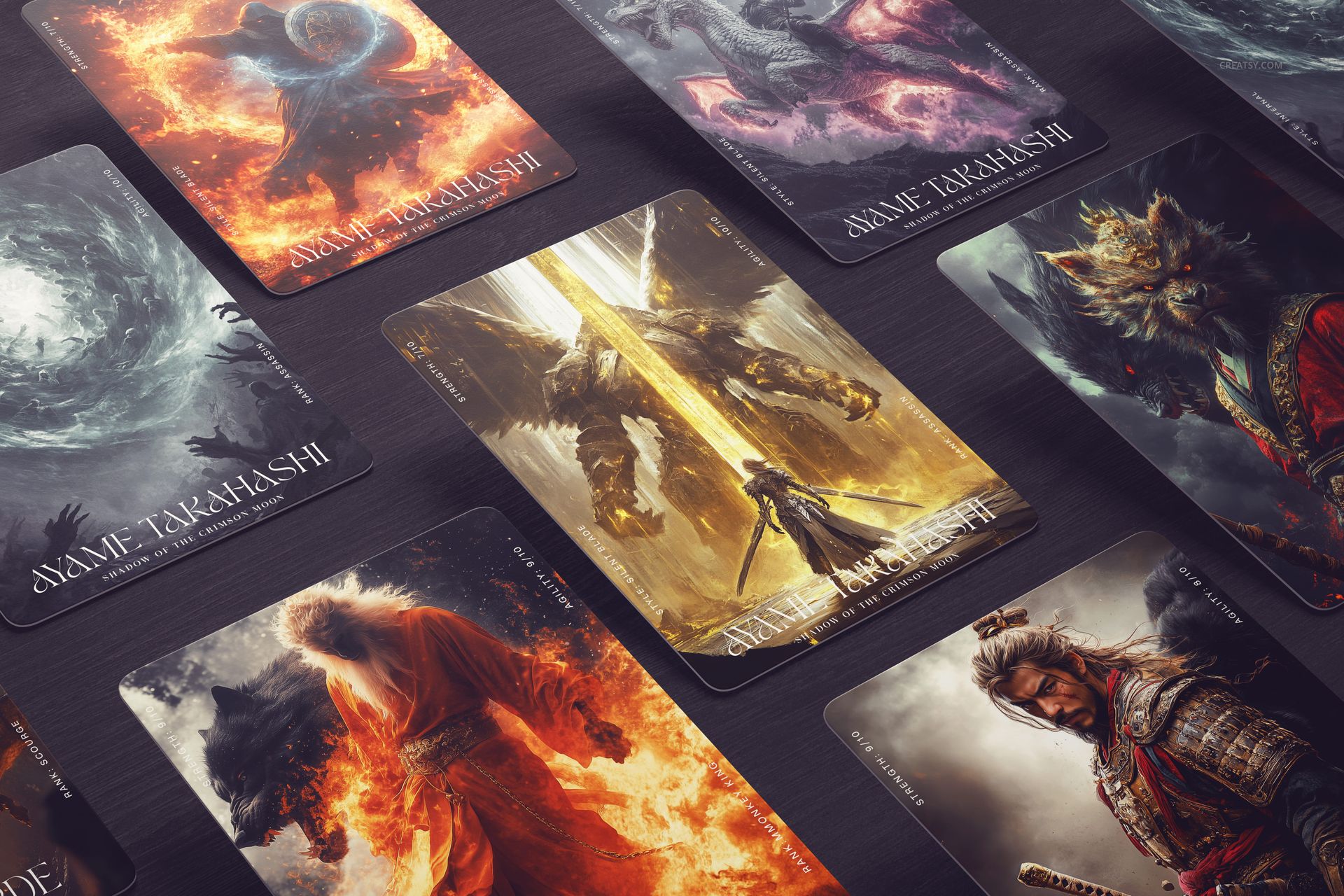 Trading cards mockup set displayed on a dark surface, featuring fantasy-themed illustrations in vibrant colors.