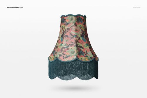 Fringed velvet lampshade mockup featuring a scalloped edge, teal fringe, and vintage floral design, isolated on white.