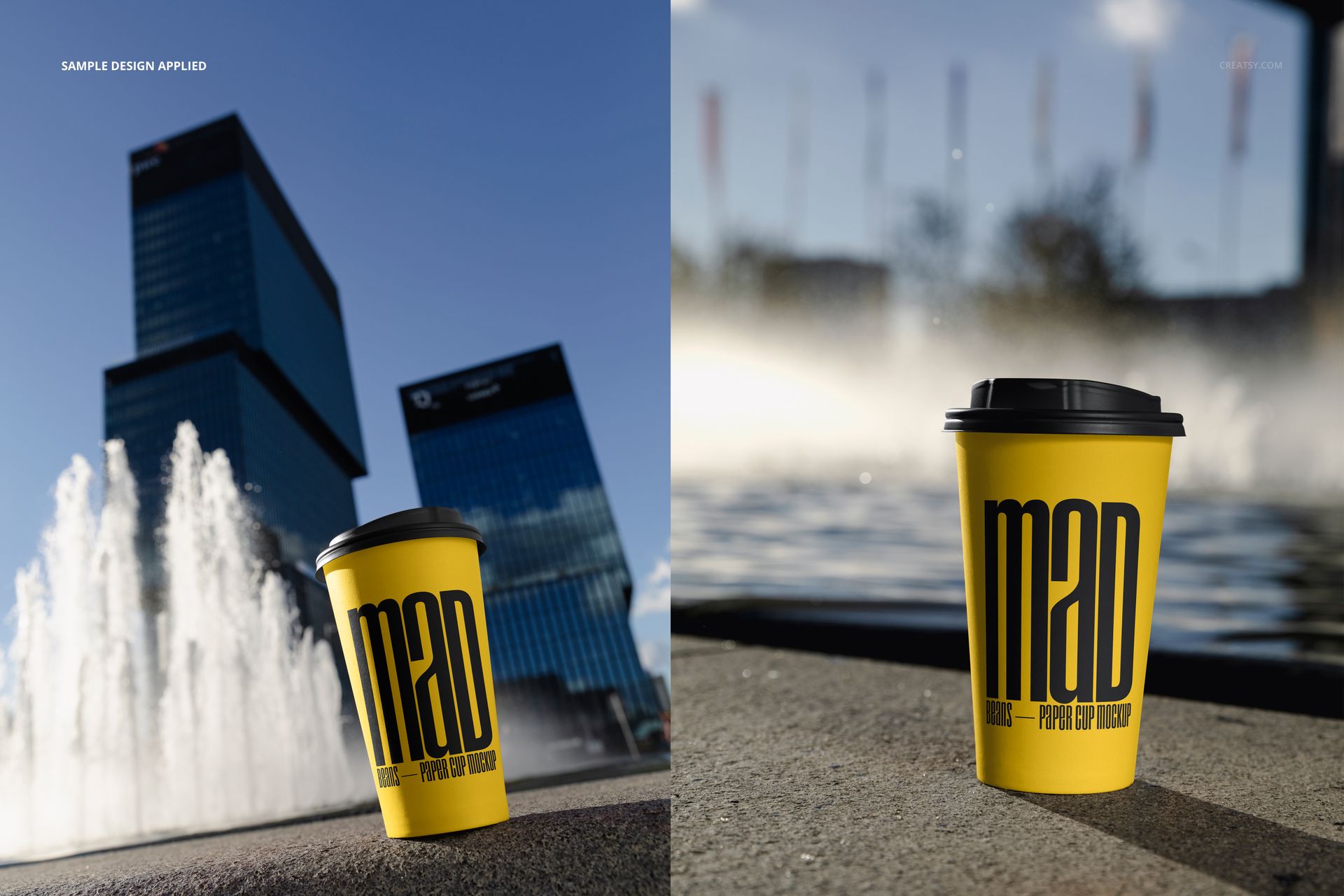 Urban edition paper cup mockup with yellow cup and black lid, shown on concrete by a fountain and skyscrapers.