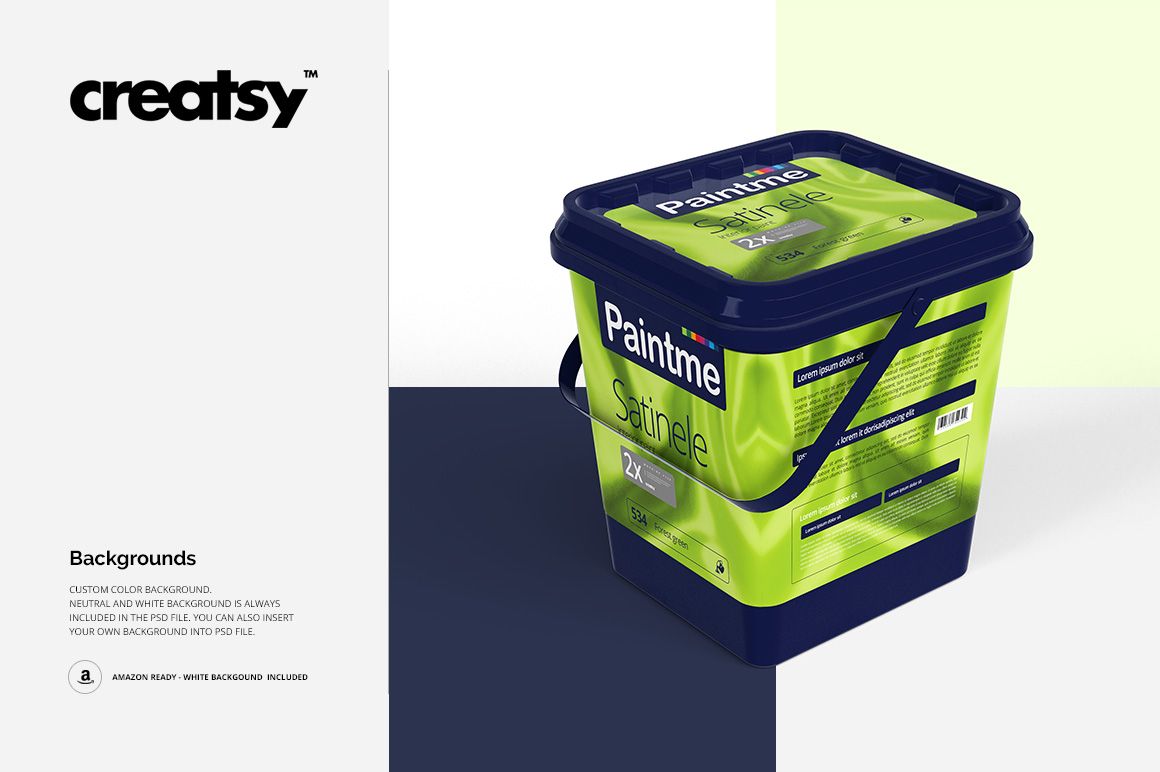 PSD mockup of a square paint bucket with a green and blue label, dark blue lid, and handle, displayed on a white surface.