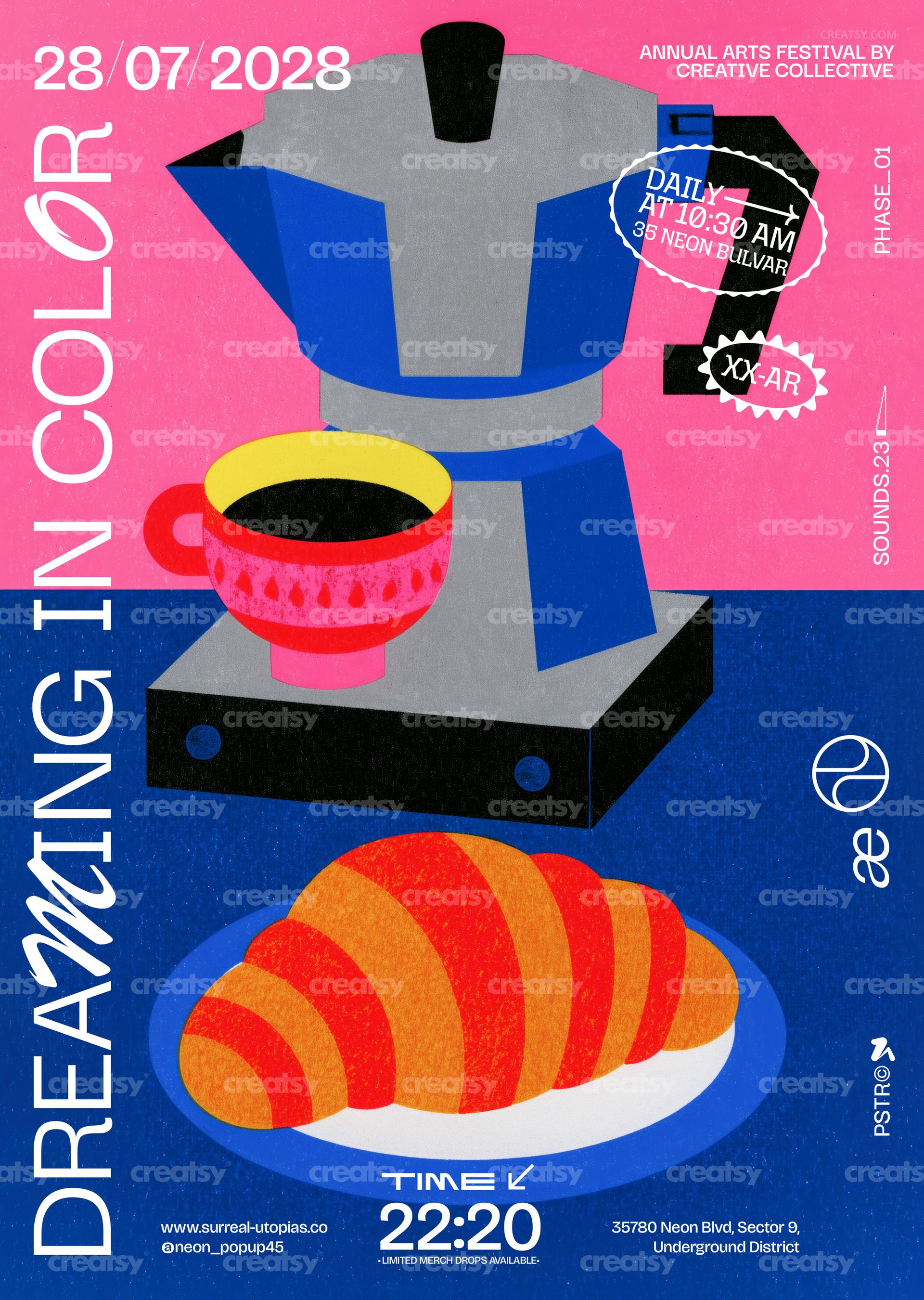 Colorful breakfast scene on a poster mockup with a blue moka pot, striped cup, and orange croissant.