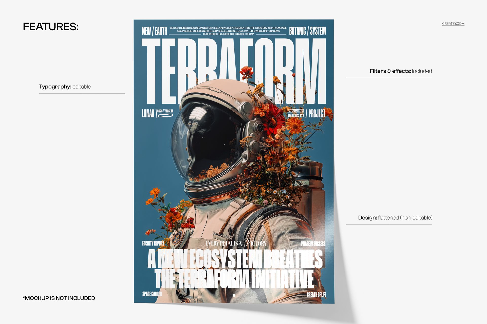 Front view of a poster mockup featuring an astronaut helmet with blooming flowers, set against a blue background.