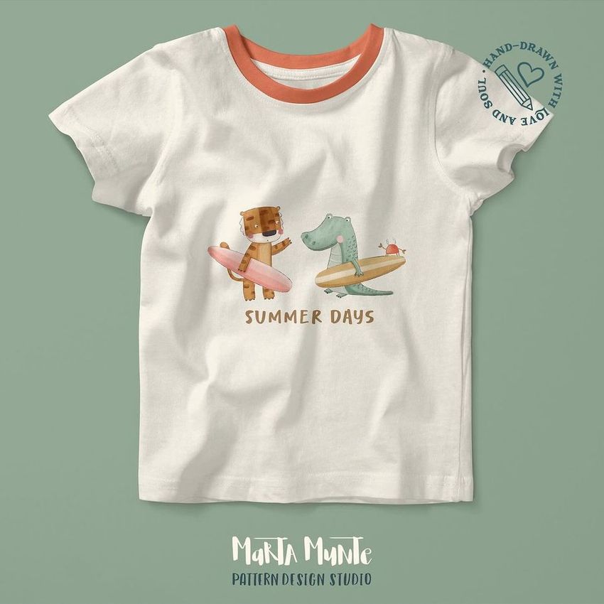 Baby T-shirt mockup featuring a white shirt with orange collar, illustrated with a bear and crocodile holding surfboards.