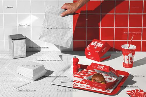 Burger packaging and branding set mockup featuring paper bag, food box, napkin, tray, and drink cup on a red and white tiled background.