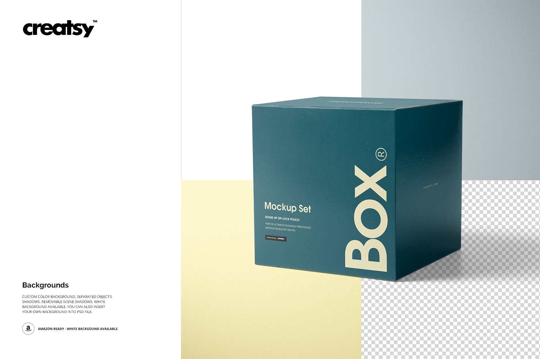 Glossy square gift box mockup with teal color and bold cream lettering, shown in a three-quarter front view.