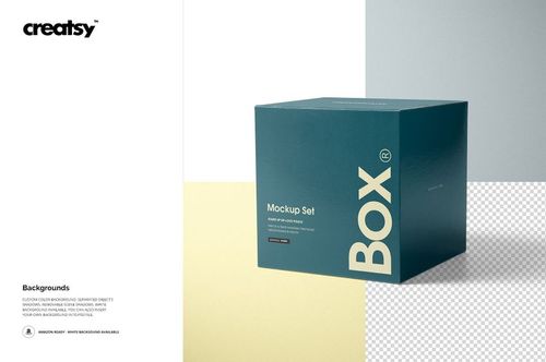 Glossy square gift box mockup with teal color and bold cream lettering, shown in a three-quarter front view.