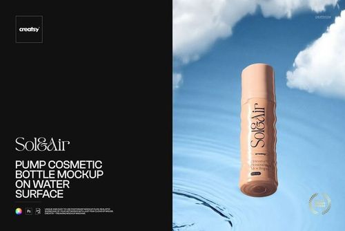 Pump cosmetic bottle mockup floating upright on a calm water surface with blue sky and clouds in the background.