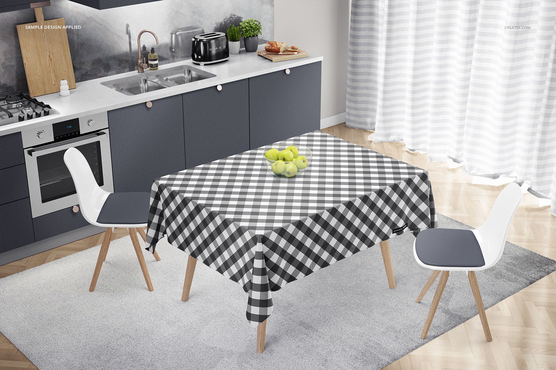 PSD mockup of a kitchen setup showing a table with a black and white patterned cloth, chairs, and countertop appliances.