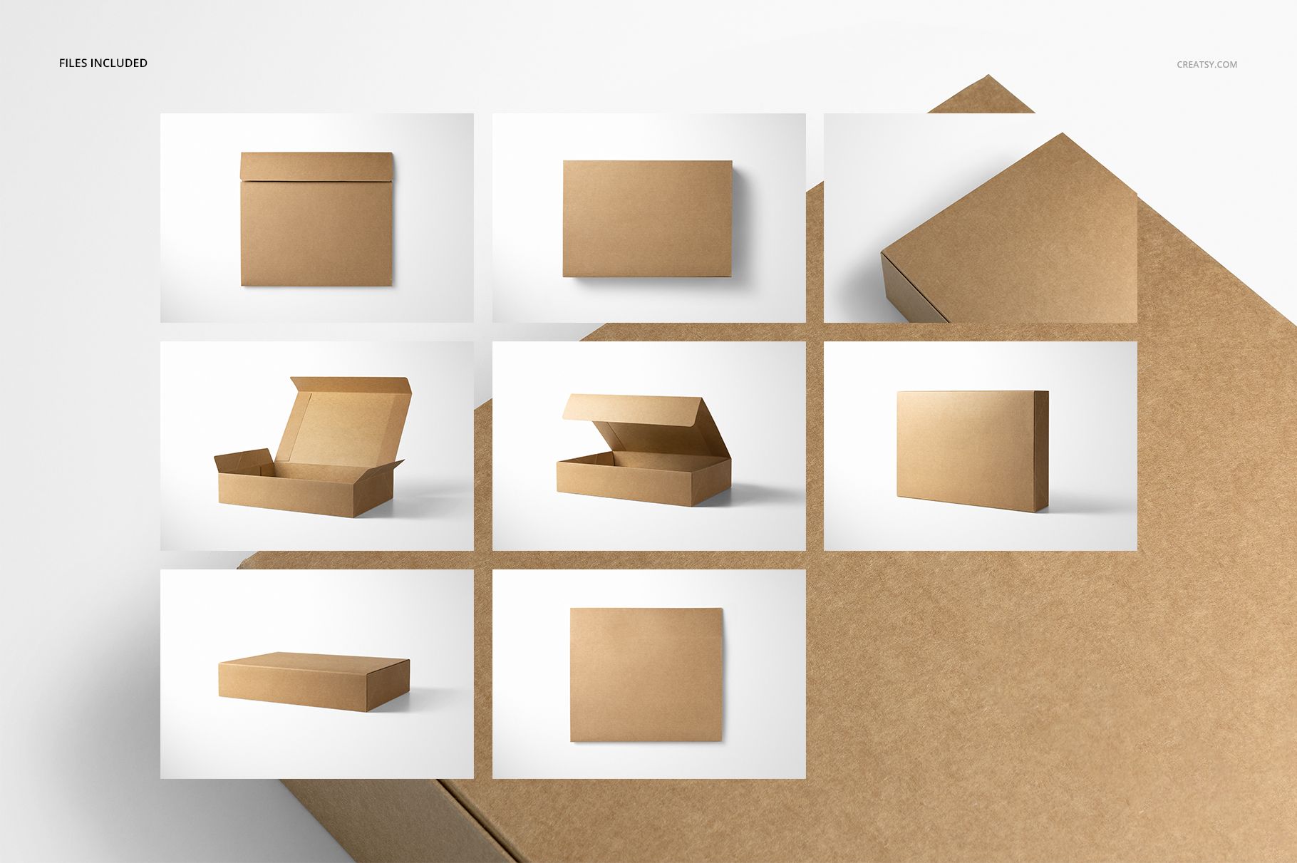 Natural Kraft Set Box PSD mockup featuring eight cardboard boxes in different positions, arranged against a clean white surface.