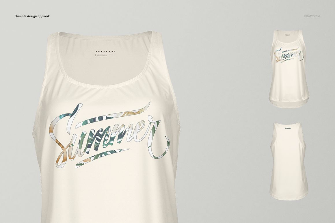 Women's tank top with a round bottom, shown in a front view mockup with a light fabric and summer-themed print.