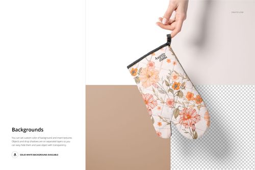 Close-up of a person’s hand gripping a quilted oven mitt featuring a botanical design, displayed on a mockup PSD.