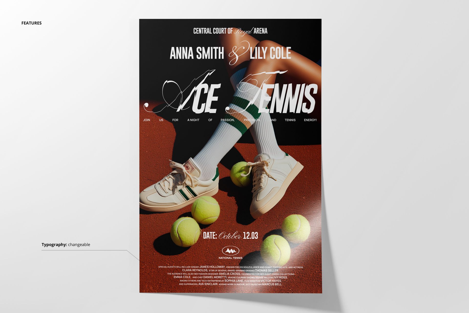 Tennis poster mockup showing close-up of legs in striped socks and sneakers, surrounded by tennis balls on a red court.