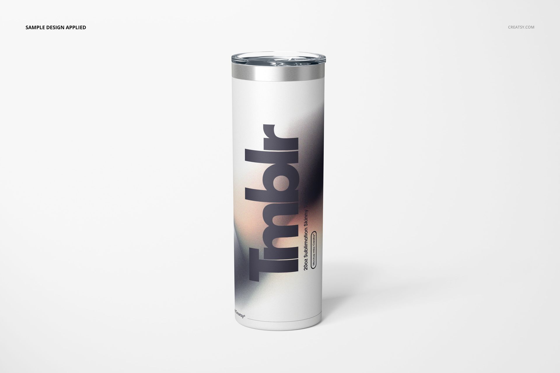Front view of a powder coated skinny tumbler with a stainless steel lid, featuring a modern graphic design on a white background.