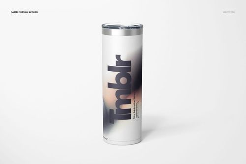 Front view of a powder coated skinny tumbler with a stainless steel lid, featuring a modern graphic design on a white background.