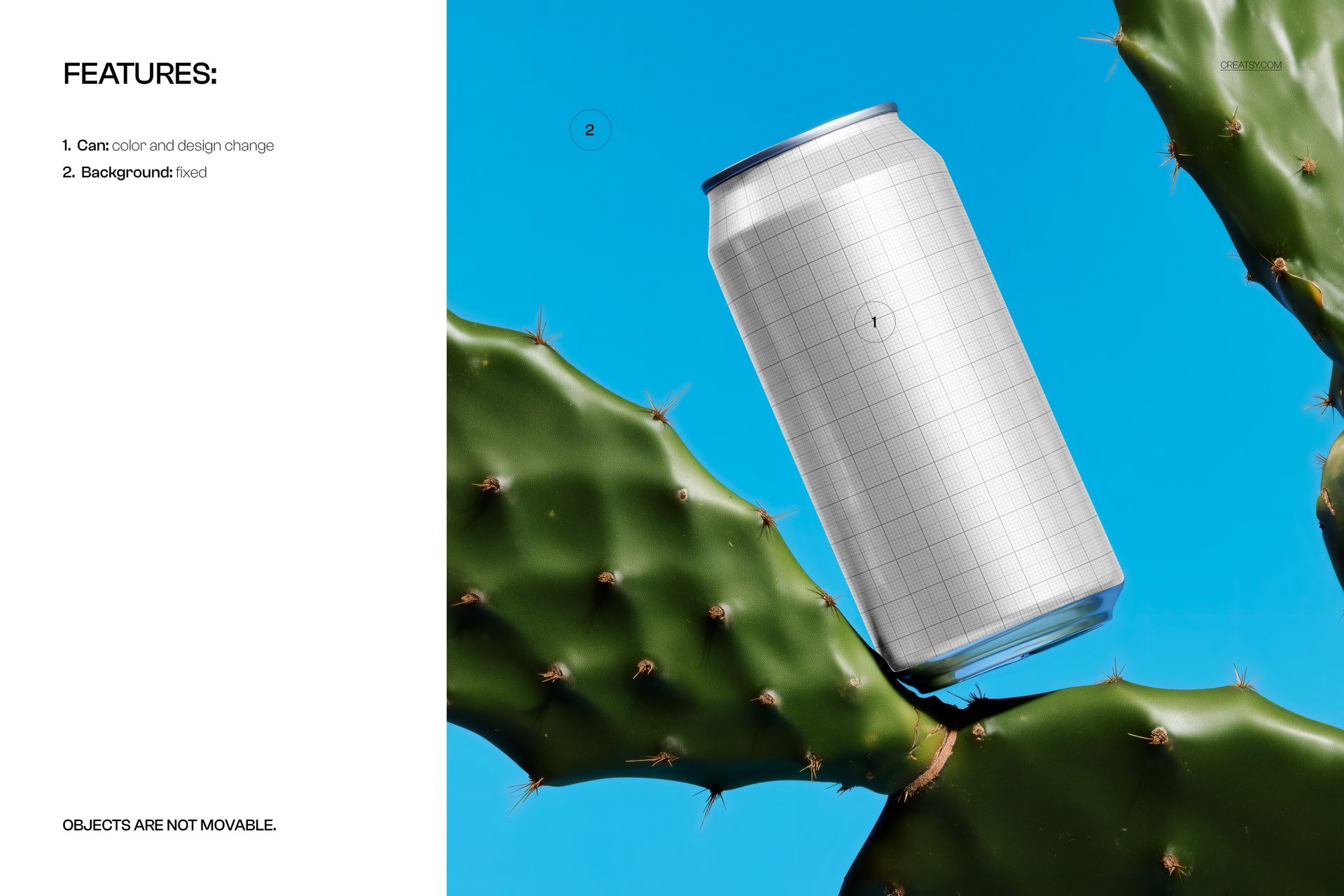 Slim can mockup with a grid pattern resting on a green cactus against a vibrant blue background, front view.