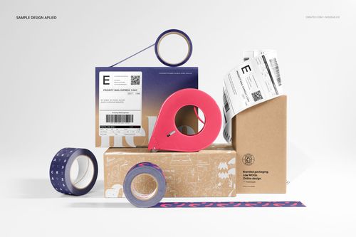 Shipping labels and packaging mockup set with boxes, tape rolls, and a dispenser in a front-facing arrangement.