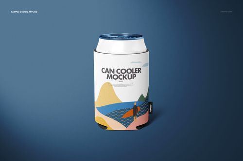 Front view of a neoprene can cooler mockup featuring a white background and multicolored graphic art, with a can inserted.