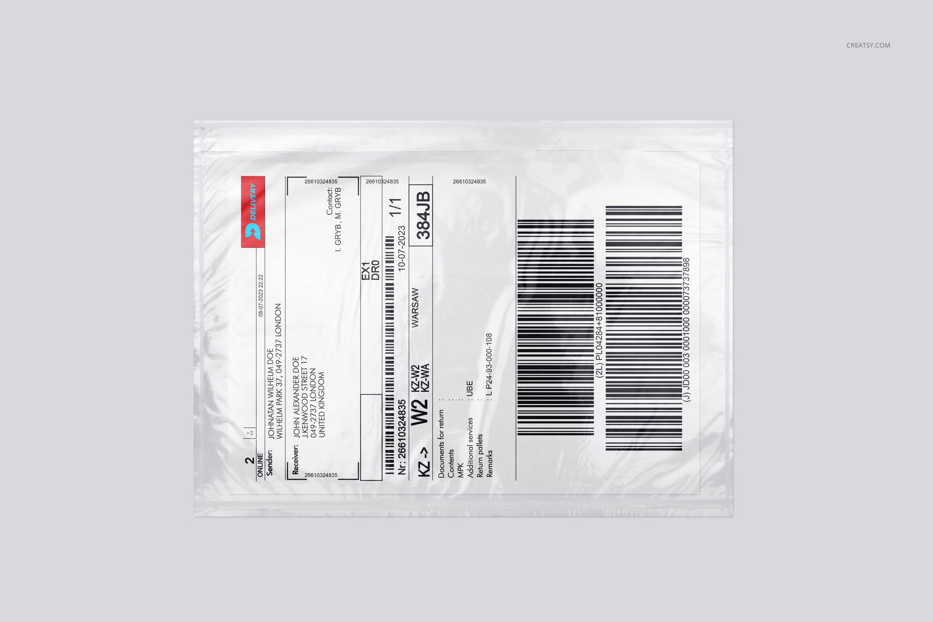 Poly mailer mockup displayed flat with barcode and address label, viewed from above against a neutral backdrop.