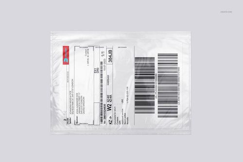 Poly mailer mockup displayed flat with barcode and address label, viewed from above against a neutral backdrop.