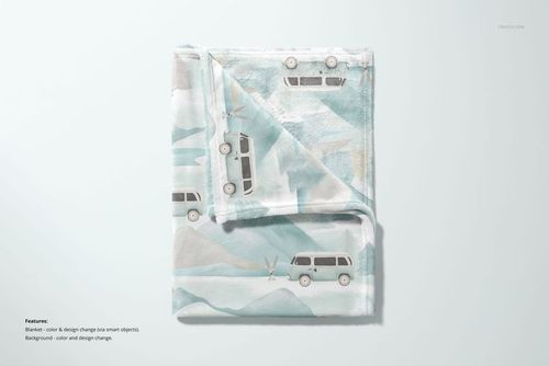 Top view of a 30x40 fleece blanket mockup featuring soft watercolor mountains and cartoon vans, neatly folded.