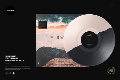 Front view of a split effect vinyl record and cover mockup with abstract landscape artwork and contrasting colors.