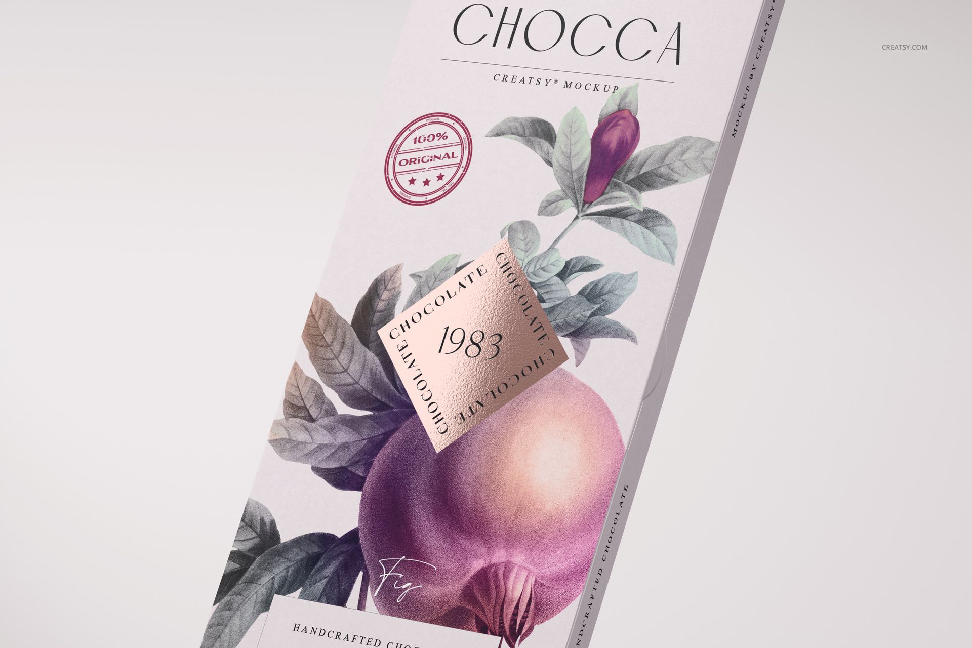 Front view of a chocolate bar packaging mockup featuring a fig illustration and botanical elements on a light background.