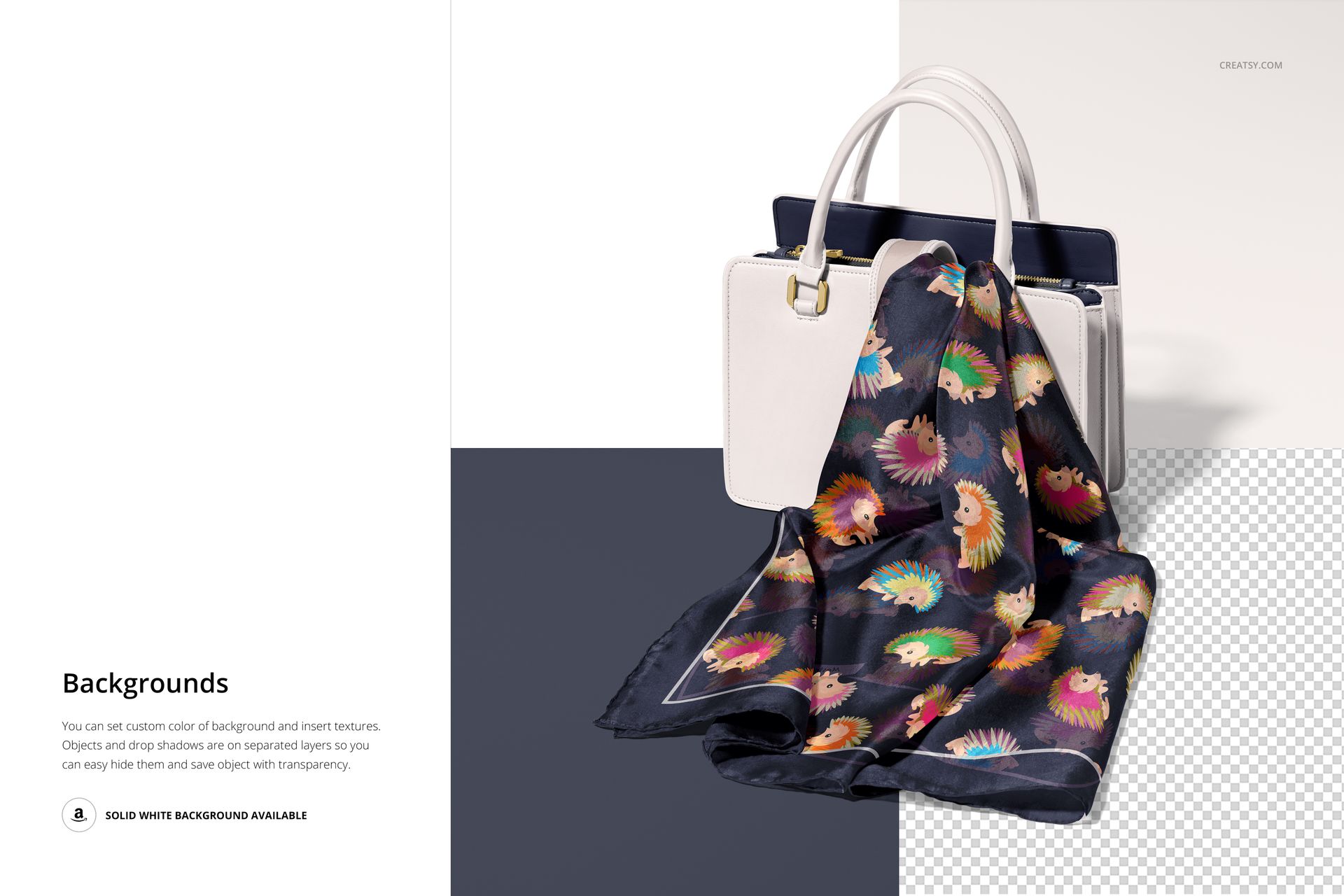 Mockup showing a white rectangular handbag with a printed silk scarf in navy and multicolored animal motifs, on a split background.
